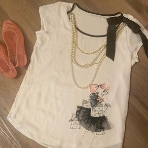 New York and Company 3D Pearl Necklace and Tulle New York Blouse - BarbieCore